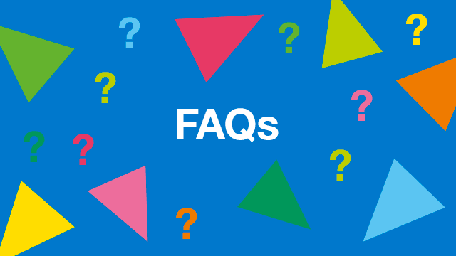 Button text reads: FAQs. Image shows multi-coloured triangles and question marks arranged in abstract fashion
