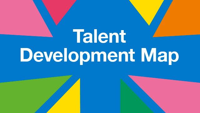 Button text read: Talent Development Map. Image shows multi-coloured triangles arranged in abstract fashion.