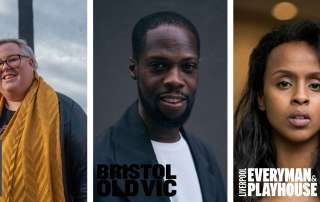 Headshots of the three Associate Artistic Directors alongside the RTYDS Fair Play logo, and logos of the theatres they will be in residence at.