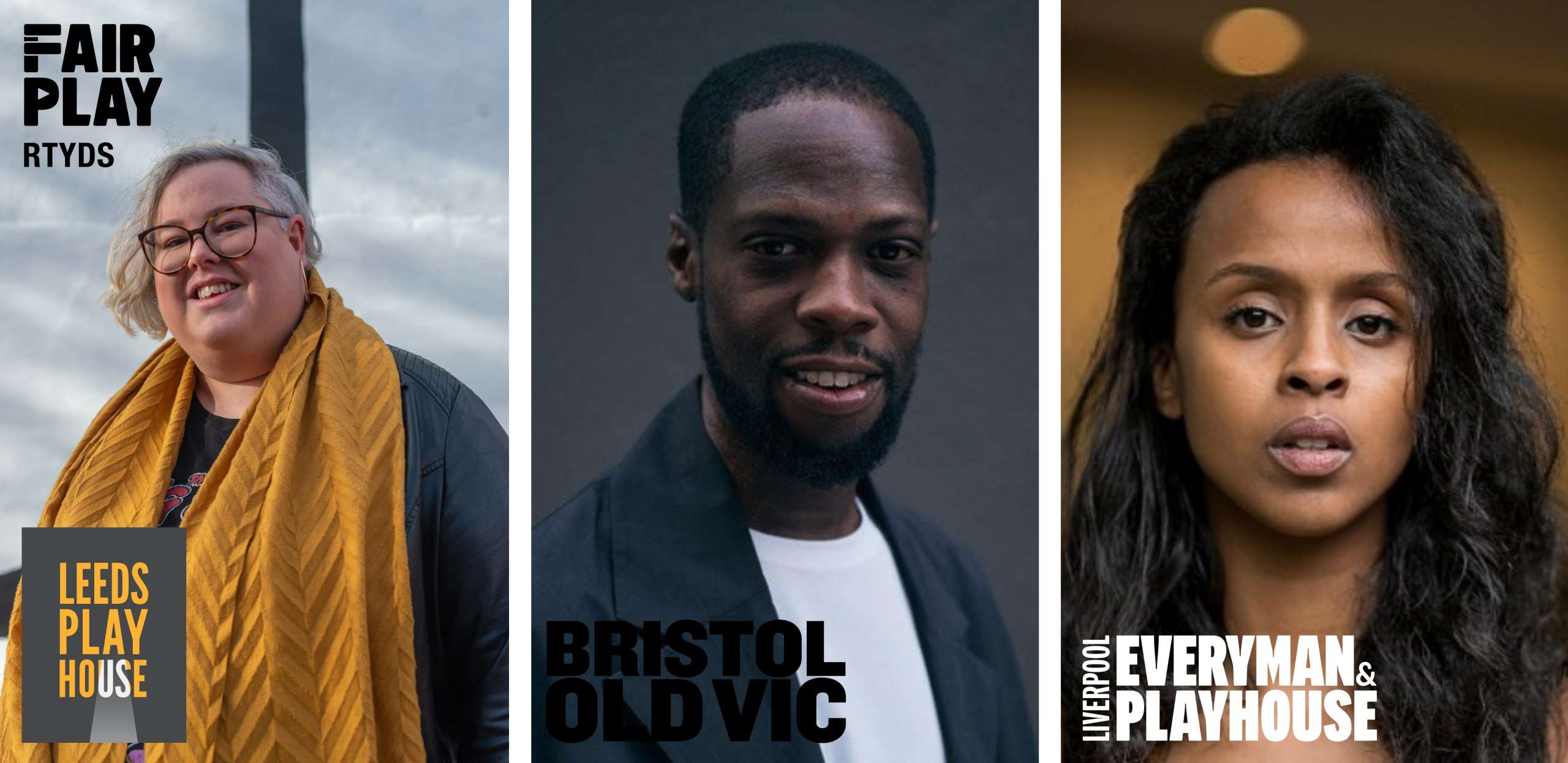 Headshots of the three Associate Artistic Directors alongside the RTYDS Fair Play logo, and logos of the theatres they will be in residence at.